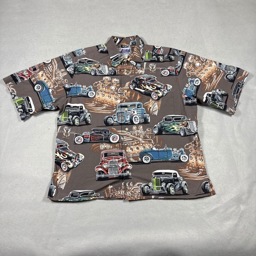 Reyn Spooner Reyn Sports Ford Deuce V8 Hot Rod Cotton Button Down Shirt Mens L